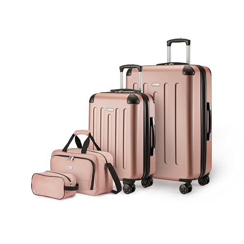Amazon Basics Set di Valigie Rigide, 4 pezzi, Valigia Grande, Trolley, Borsa a mano, Borsa da viaggio compatta, Espandibili, 4 Ruote Girevoli, Oro Rosa