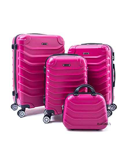 R.Leone Valigia Set 4 Trolley Rigido grande, medio, bagaglio a mano e beauty case 8 ruote in ABS 2026 (Fucsia, Set 4 XS S M L)
