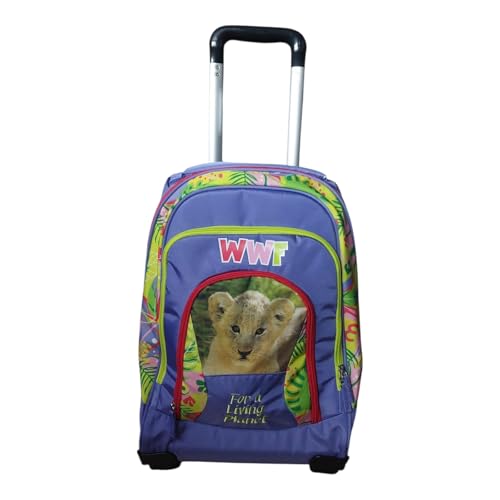 Generico WWF Zaino Trolley Scuola, 47 x 32 x 21 cm, Design Leone, Viola con Dettagli Verdi e Rossi