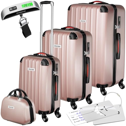 TecTake® Set di valigie rigide Cleo, 4 pezzi, Trolley M, L e XL, Beauty Case Impilabile, Rotelle Girevoli a 360°, Maniglia Telescopica Regolabile, Bilancia, Combinazione a 3 Cifre - Rosa Dorato