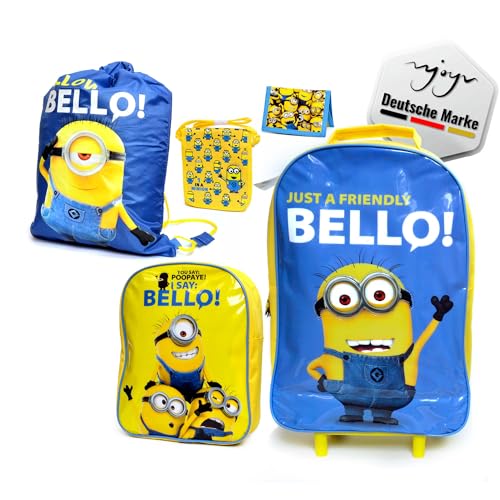 Minions - Set di 5 valigie per bambini, bagaglio da viaggio di alta qualità e borse, motivo minion, trolley, zaino per la scuola, borsa da palestra, borsa a tracolla, borsa per sport, vacanze e gite