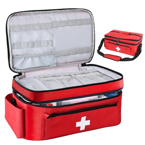 JABNOW Borsa Medica Borsa per Infermiere Pronto Soccorso a 2 Strati con Divisori per Forniture Mediche Sanitaria Portatile per Sportiva, Campeggio, Visite, Domicilio Fisioterapisti -Rosso
